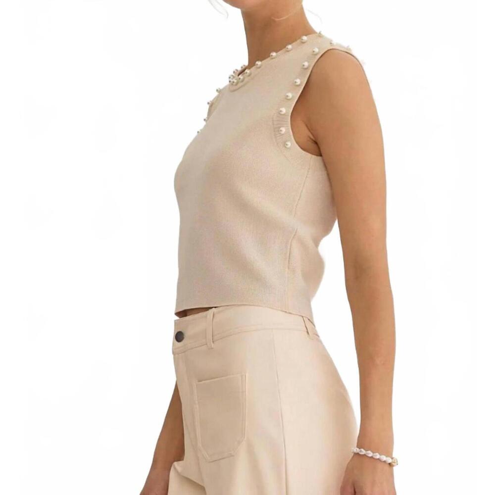 NEW ENTRO meghan pearl embellished sleeveless top in ecru - Picture 3 of 6